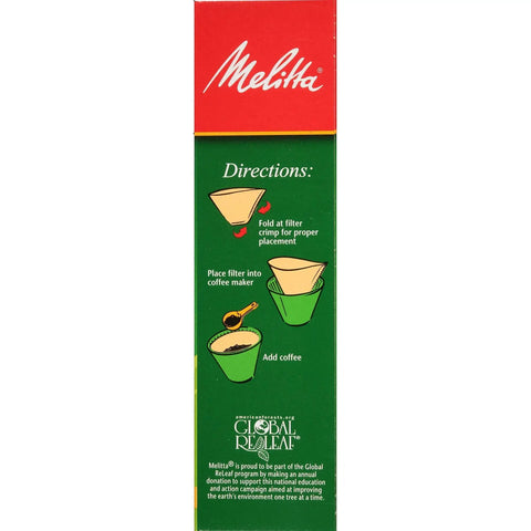 Back of Melitta coffee filter box showing brewing directions and steps.