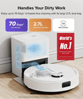 Robot Vacuum And Mop With 10,000 Pa Suction, 70 Day Self-Emptying Dock, shown docked and charging on hardwood floor.
