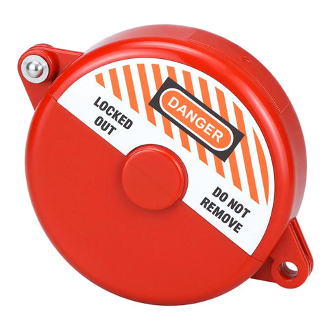 Gate Valve Lockout For Two And A Quarter To Five Inch Valves Red Lockout Device Made From Non Conductive Plastic with warning label