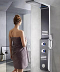Ultra Slick Wall Mounted Bathroom Shower System Featuring Handheld Sprayer LED Ambient Light, modern design with water flowing.