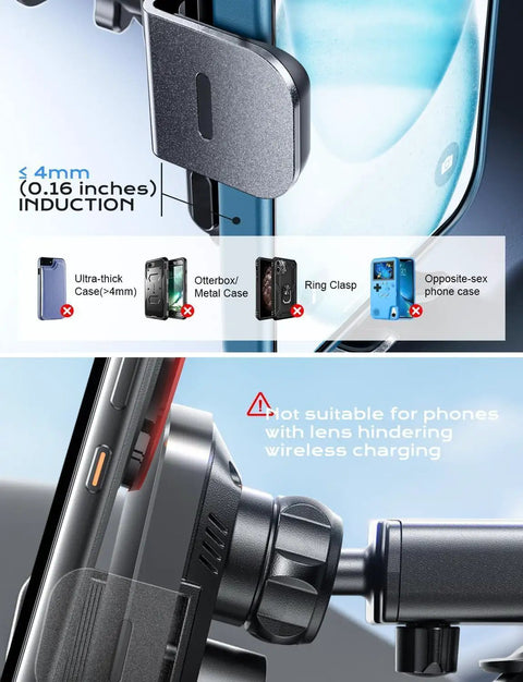 Fast Slick Wireless Car Charger With Auto Clamp And 15W Max Fast Charging Car Mount detail showing compatibility and mounting depth