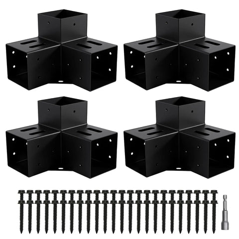 4 Pack 3 Way Right Angle Pergola Brackets With Black Powder Coat Finish For DIY Woodworking, Post Base Brackets For Gazebos And Patios, 3.6 By 3.6 Inch, Rock Solid Carbon Steel and included screws