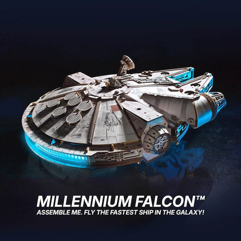 Millennium Falcon 3D Wooden Puzzle Kit With Lit LED Hyperdrive Glow DIY Mechanical Model 3D Brain Teaser For Adults Realistic Interior And Exterior Boarding Ramp And Cargo Bay Rotating Turrets 360 Degree Radar Antenna Wood Model Building, blue LED-lit