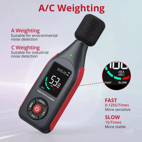 Pro-Grade Digital Sound Level Meter With Data Logger, Handy Portable Noise Meter With Condenser Microphone, 31000-Point Memory, Real-Time Readings From 30 To 130 dB(A) And 35 To 130 dB(C), 0.1 dB Resolution, 31.5 Hz To 8500 Hz on black handheld device with display