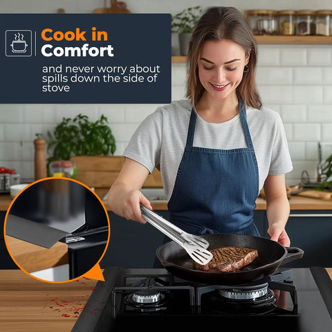 Woman cooking next to silicone stove gap covers two pack seal the gap between stovetop and counter heat resistant and easy clean oven gap filler 21 inch black keeps crumbs from creeping in and makes cleanup a breeze.