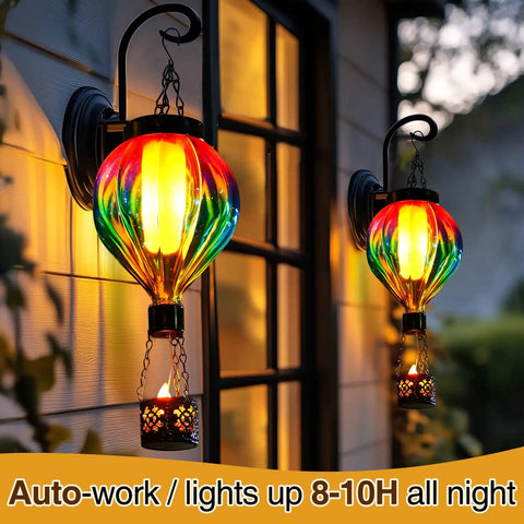 Dope Solar Hot Air Balloon Lantern With Flickering Flame Outdoor Waterproof Glass And Metal Hanging Light on a wall