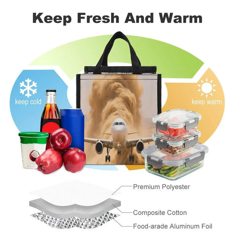 Desert Runway Plane Lunch Bag Tote With Insulated Aluminum Lined Cooler, large capacity, shown with fruits and containers.