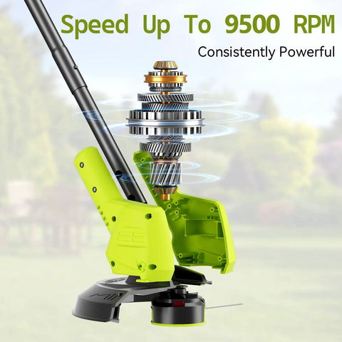 Internal view of Cordless 21V String Trimmer With Dual 3.0Ah Batteries And Charger, motor details and RPM highlighted.