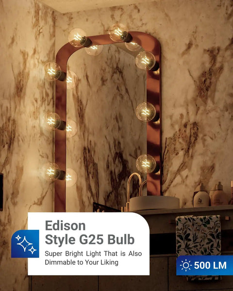 G25 LED Globe Light Bulbs With E26 Base illuminating a bathroom vanity mirror, dimmable 5W, 60W equivalent warm white 3000K, 500 lumens