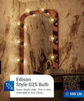 Bathroom vanity mirror with Edison style G25 LED globe bulbs, dimmable, 3000K warm white, 500 lumens, E26 base, UL listed.