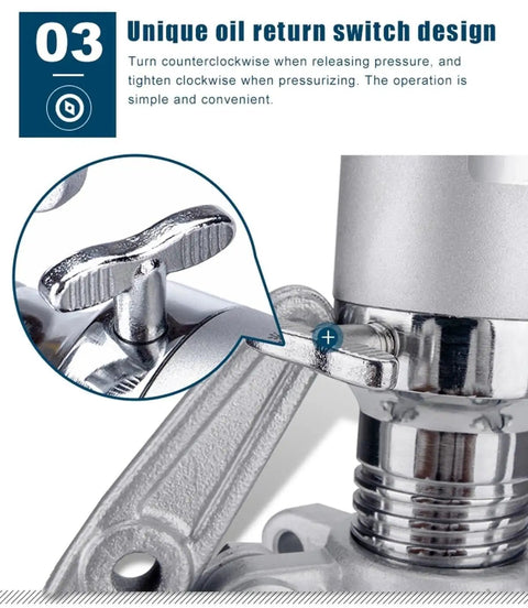 Close-up of the unique oil return switch on the Beefy 30 Ton Hydraulic Gear Puller Kit With 2 And 3 Jaw Options And Bearing Hub Separator In A Tough Case Versatile Mechanical Repair Tool For Vertical And Horizontal Pulls In The Shop Or On The Job