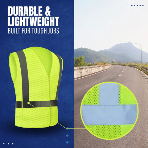 High Visibility Reflective Safety Vest For Men And Women ANSI ISEA Class 2 Neon Yellow Mesh Vest with reflective strips, side view