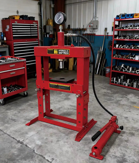 Beefy 10 Ton Welded H Frame Shop Press With Adjustable Crossbeam and 12 Inch Stroke in a workshop setting.