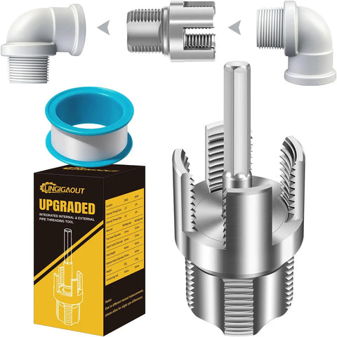Dual Function PVC Pipe Threading Tool For Internal And External Threads With One Half Inch And Three Quarter Inch Dies Electric Drill Compatible For Home Repair DIY Ready Heavy Duty Alloy Steel Construction 2 Pack showing tool and packaging