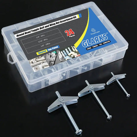 Beefy Heavy Duty Toggle Bolt And Wing Nut Kit 24 Piece Set With One Eighth Inch Three Sixteenth Inch And One Quarter Inch Sizes Zinc Plated Steel Round Head Fasteners For Hanging Heavy Stuff On Drywall, case and bolts
