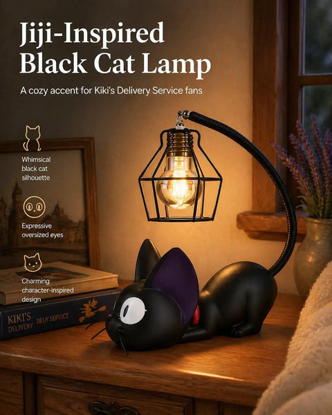 Jiji Black Cat Night Light Inspired by Kiki's Delivery Service on desk, cozy resin lamp with purple ears, warm glow, Studio Ghibli vibe