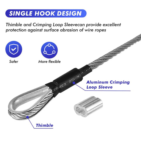Three Sixteenth Inch Wire Rope Zipline Cable 150 Foot Galvanized Steel Aircraft Cable with thimble and loop sleeve