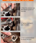 Damaged Bolt And Stud Extractor Tool With Three Eighths Drive Removes Quarter To Half Inch Studs From Exhaust And Other Tight Rusted Bolts Using Manual Or Pneumatic Impact Wrench Heavy Duty Alloy Steel Stud Puller shown in use