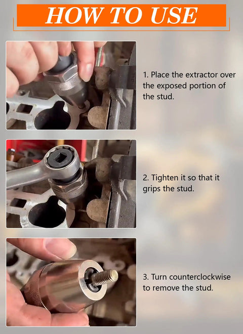 Damaged Bolt And Stud Extractor Tool With Three Eighths Drive Removes Quarter To Half Inch Studs From Exhaust And Other Tight Rusted Bolts Using Manual Or Pneumatic Impact Wrench Heavy Duty Alloy Steel Stud Puller shown in use