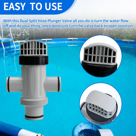 Dual Split Hose Plunger Valve For Intex Above Ground Pools And Pumps Replacement Pool Part in front of a blue pool.