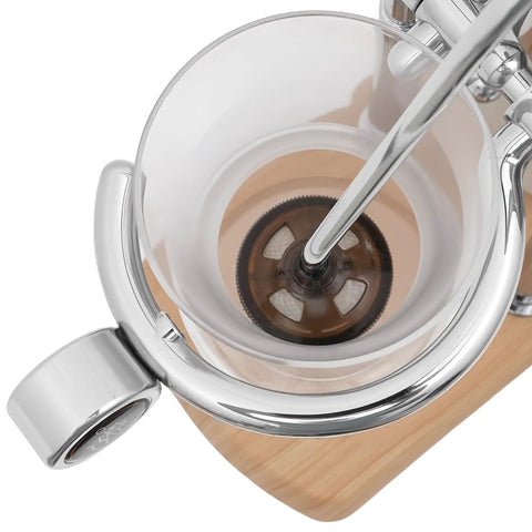 Slick Vintage Balance Syphon Coffee Maker Set Featuring Heavy Duty Stainless Steel And Borosilicate Glass Vacuum Brewing System, top view of brewing chamber.