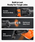 One Inch Pneumatic Impact Wrench Dishing Out 1800 Ft Lbs Of Raw Breakaway Torque With Six Inch Extended Anvil and Aluminum Body.