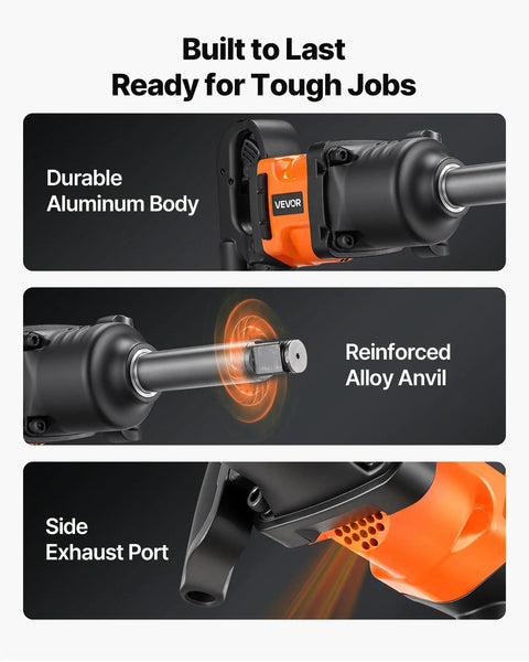 One Inch Pneumatic Impact Wrench Dishing Out 1800 Ft Lbs Of Raw Breakaway Torque With Six Inch Extended Anvil and Aluminum Body.