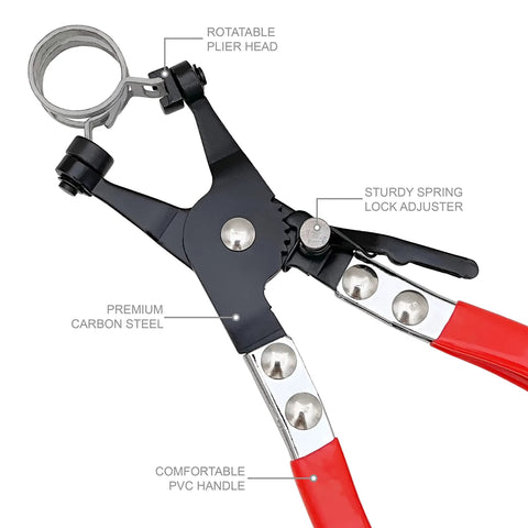 Pro Grade Hose Clamp Pliers With Swivel Flat Band Heavy Duty Repair Tool showing rotatable plier head and PVC handle