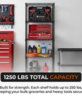 Rock Solid Steel Wire Shelving Unit Five Tier Storage Rack Built Tough With Self Leveling Feet NSF Certified Food Safe For Kitchens Garages And Commercial Shops Black One Fourteen X Two Forty X Fifty Nine Inches organized with tools and supplies