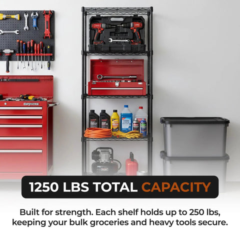 Rock Solid Steel Wire Shelving Unit Five Tier Storage Rack Built Tough With Self Leveling Feet NSF Certified Food Safe For Kitchens Garages And Commercial Shops Black One Fourteen X Two Forty X Fifty Nine Inches organized with tools and supplies