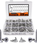 Self Tapping Screws Assortment Kit 550 Pieces M3 Through M6 304 Stainless Steel For Metal Wood And Plastic With 275 Round Head And 275 Flat Head Phillips Drive. Visible: screws organized in a transparent box.