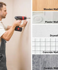 Man using a drill on drywall, highlighting suitable wall types for Heavy Duty Picture Hangers And Double Headed Wall Hooks With Bulletproof Grip Rating Up To 30 Lbs For Drywall Or Wood Studs Zero Hassle Setup Hang Gallery Walls Without Sweat Includes 30 Pack.