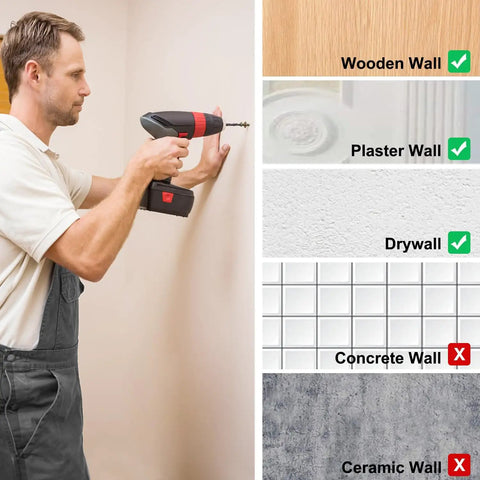 Man using a drill on drywall, highlighting suitable wall types for Heavy Duty Picture Hangers And Double Headed Wall Hooks With Bulletproof Grip Rating Up To 30 Lbs For Drywall Or Wood Studs Zero Hassle Setup Hang Gallery Walls Without Sweat Includes 30 Pack.