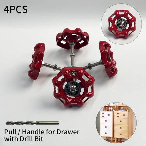 4 Pack Vintage Iron Valve Cabinet Knobs And Pulls With Drill Bit, red metal handles, industrial style, for drawers and cupboards