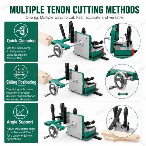 Heavy Duty Woodworking Tenoning Jig With Adjustable Support Plate And 0 45 Degree Clamp for precise tenon cutting methods.