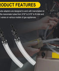 Manometer tube adapter set; close-up of two clear tubes with black adapters for 3/16-5/16 gas appliance valves (2-pack)