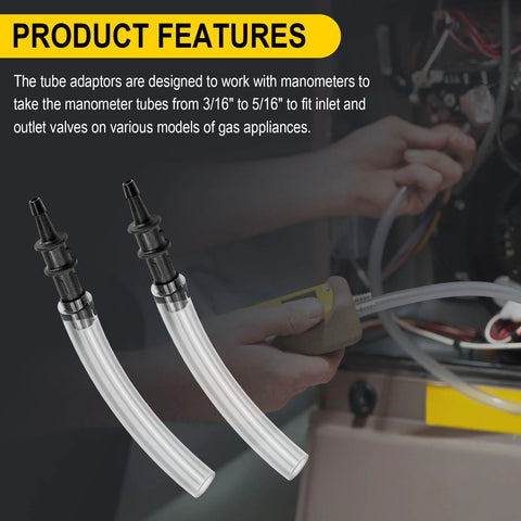 Manometer tube adapter set; close-up of two clear tubes with black adapters for 3/16-5/16 gas appliance valves (2-pack)