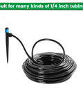 60 Pack Quick Connect Drip Irrigation Emitters Fan Shape For One Quarter Inch Tubing No Tools Needed Adjustable Push To Connect Three Hundred Sixty Degree Drip Emitters With Sturdy Stake For Easy Irrigation System showing coiled tubing and emitter.