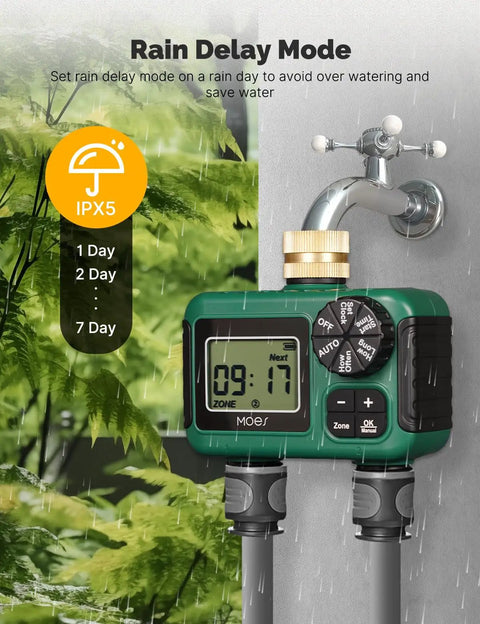 Two Zone Sprinkler Timer With Brass Inlet Dual Independent Outlets Programmable Irrigation Controller in rain delay mode