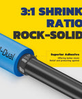 Close-up of blue marine 3:1 dual heat shrink tubing with text emphasizing rock-solid shrink ratio and superior adhesive features.