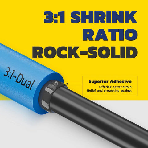 Close-up of blue marine 3:1 dual heat shrink tubing with text emphasizing rock-solid shrink ratio and superior adhesive features.