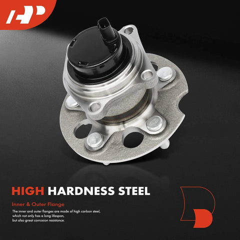 Rear Wheel Bearing And Hub Assembly With ABS For Toyota RAV4 1996 To 2005 FWD Only 5 Lug Hub Replacement Built For High Load And Keeps Your Ride Smooth On The Road, close-up view of high hardness steel construction with visible lugs.