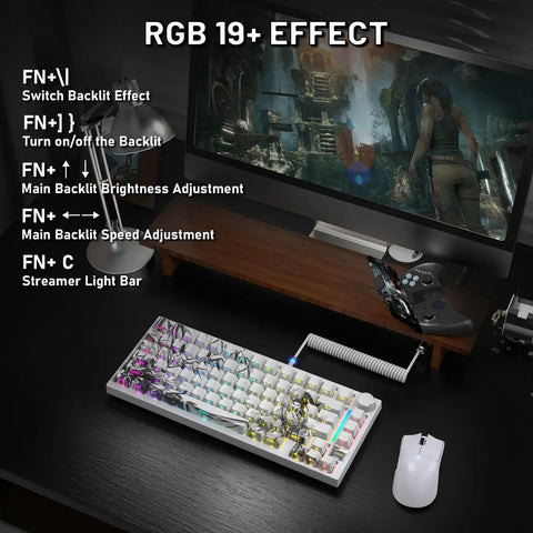 Slick Wireless Mechanical Gaming Keyboard With Roomy 75 Percent Tkl Build And Fresh Bamboo Top Plate Featuring Seamless Tri Mode Pairing Hot Swap Holes And Silky Pre Lubed Linear Switches For A Killer Typing Flow with RGB backlighting and customizable effects.