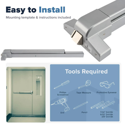Installation guide and components of Heavy Duty Push Bar Panic Exit Device For Commercial Doors, Silver Finish, UL Listed Grade 1, ADA Compliant Emergency Exit Bar For High Traffic Entrances FS-750 shown.