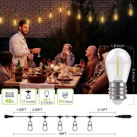 48 Ft Outdoor String Lights With 15 Warm White LED Bulbs hanging above outdoor dinner gathering, commercial grade patio lights.