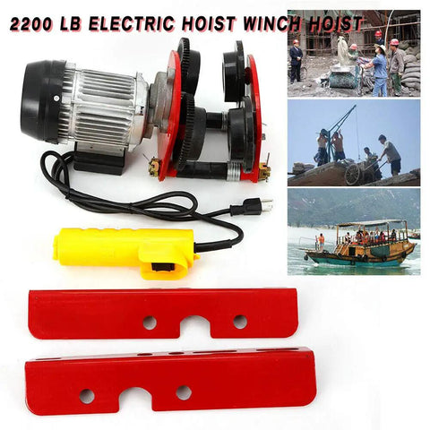 Electric Trolley Overhead Hoist With Remote Control For Garage And Workshop 2200Lb Capacity with yellow remote and red brackets.
