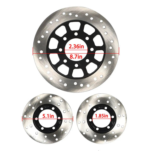 Replacement 150cc Go Kart Brake Kit Complete Set For Kandi Hammerhead TrailMaster And Other 150cc Karts Including Master Cylinder Hose Caliper Pad Easy Install, three disc rotors showing dimensions