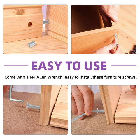 No Fuss Premium Heavy Duty M6 Screws Kit Featuring Barrel Nuts Allen Wrench Hex Socket Head Caps in use for furniture assembly.