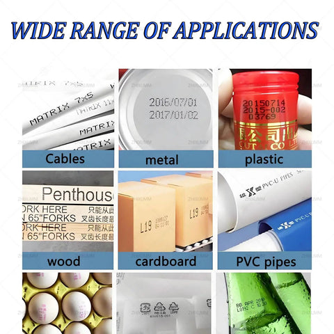 Wide range of applications showing heavy duty industrial inkjet printer on cables, metal, plastic, wood, cardboard, and PVC pipes.