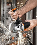 No Hassle Heavy Duty Cordless Angle Grinder With 20 Volt Lithium Ion Battery cutting metal with sparks and comfortable grip.